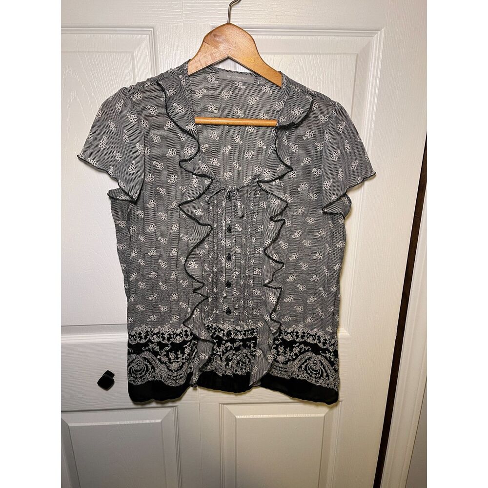 NY Collection Ruffle Front Blouse Womens Small Black White Floral Top